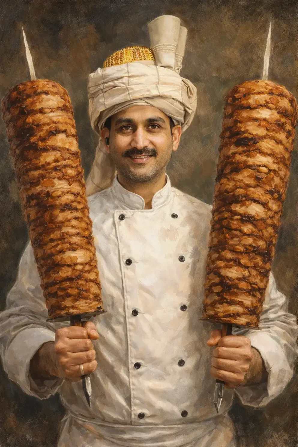 Chef with skewers of shawarma e1779462679330