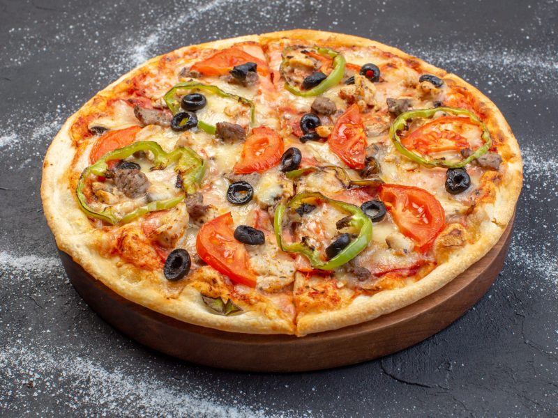 front-view-cheese-pizza-consists-olives-pepper-tomatoes-dark-surface