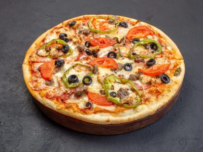 front-view-delicious-cheese-pizza-consists-olives-pepper-tomatoes-dark-surface